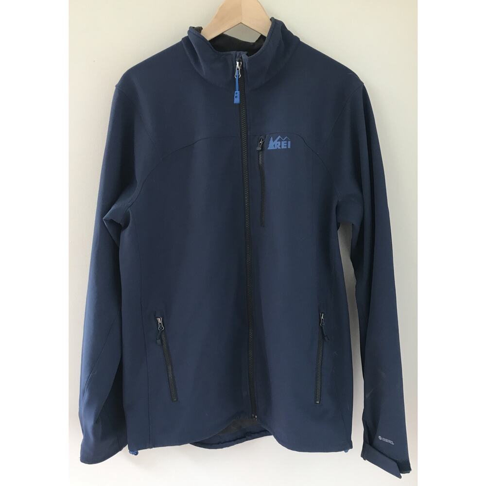 REI Pertex Duo Flo Zip-Up Nylon Softshell Fleece Rain Jacket Mens M Navy Blue